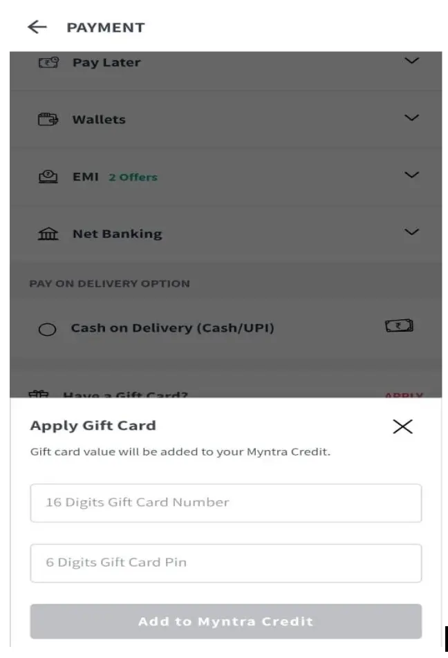 Step 3: Click on Add Gift Card & enter the voucher details & pin.