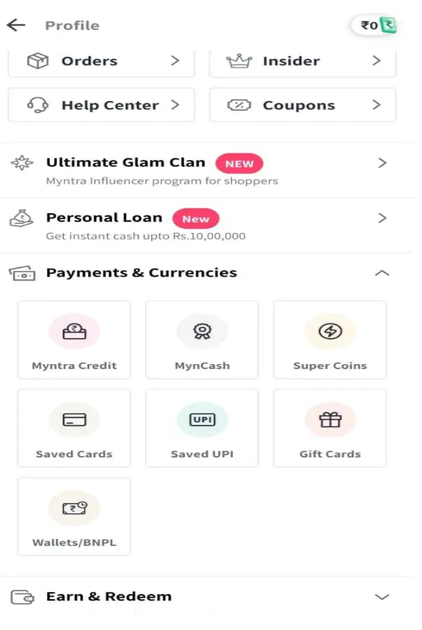 Step 2: Go to the “Payment & Currencies” option and click on Myntra Credit.